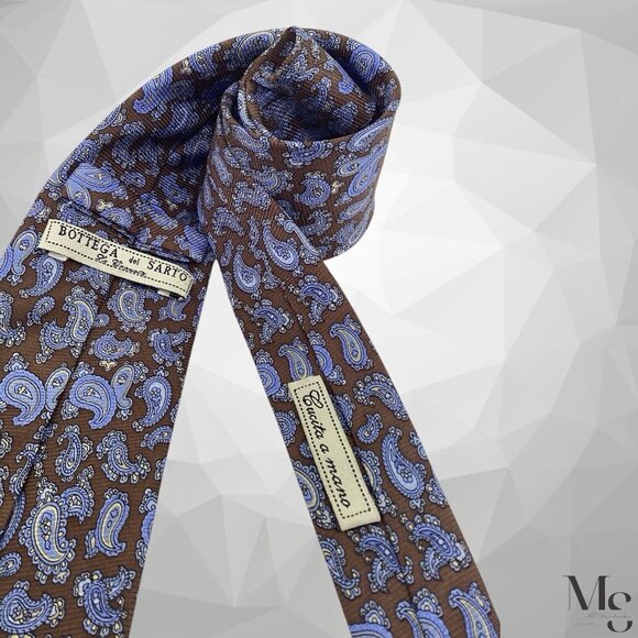BOTTEGA DE SARTO Brown Blue Paisley Silk Tie Hand Made W: 3" EX COND - Picture 3 of 6
